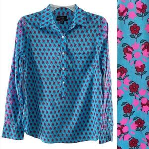 J.CREW Classic Popover Top Button Down Shirt Block Print Boho Blue Floral M/L?